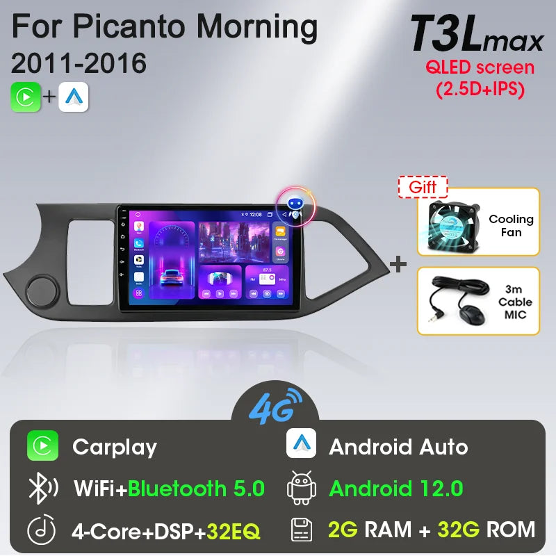 2 Din Android 12 Car Radio Carplay for KIA PICANTO Morning 2 2011 2012 2013 2014 2015 2016 Multimedia Player Navigation DVD Head