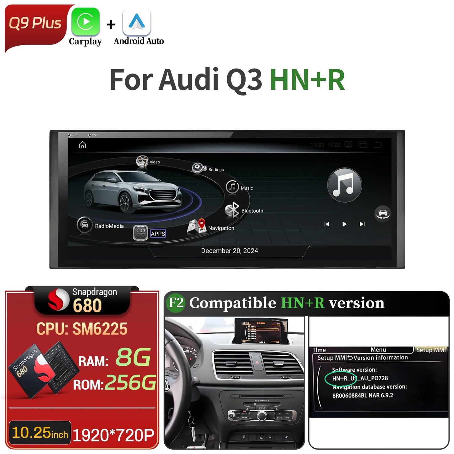 10.25 inch Android 14 For Audi Q3 2011-2018 Car Radio Wireless Bluetooth Carplay Qualcomm Snapdragon 680 Head Unit Touch Screen