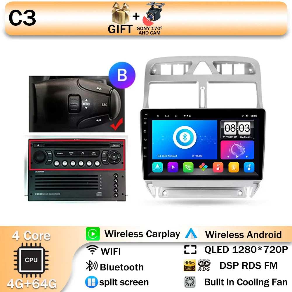 Carplay 2din Android 14 Car Radio Multimedia Gps Navigation For Peugeot 307 307CC 307SW 2002-2013 Stereo 2 DIN 4G WIFI Head Unit