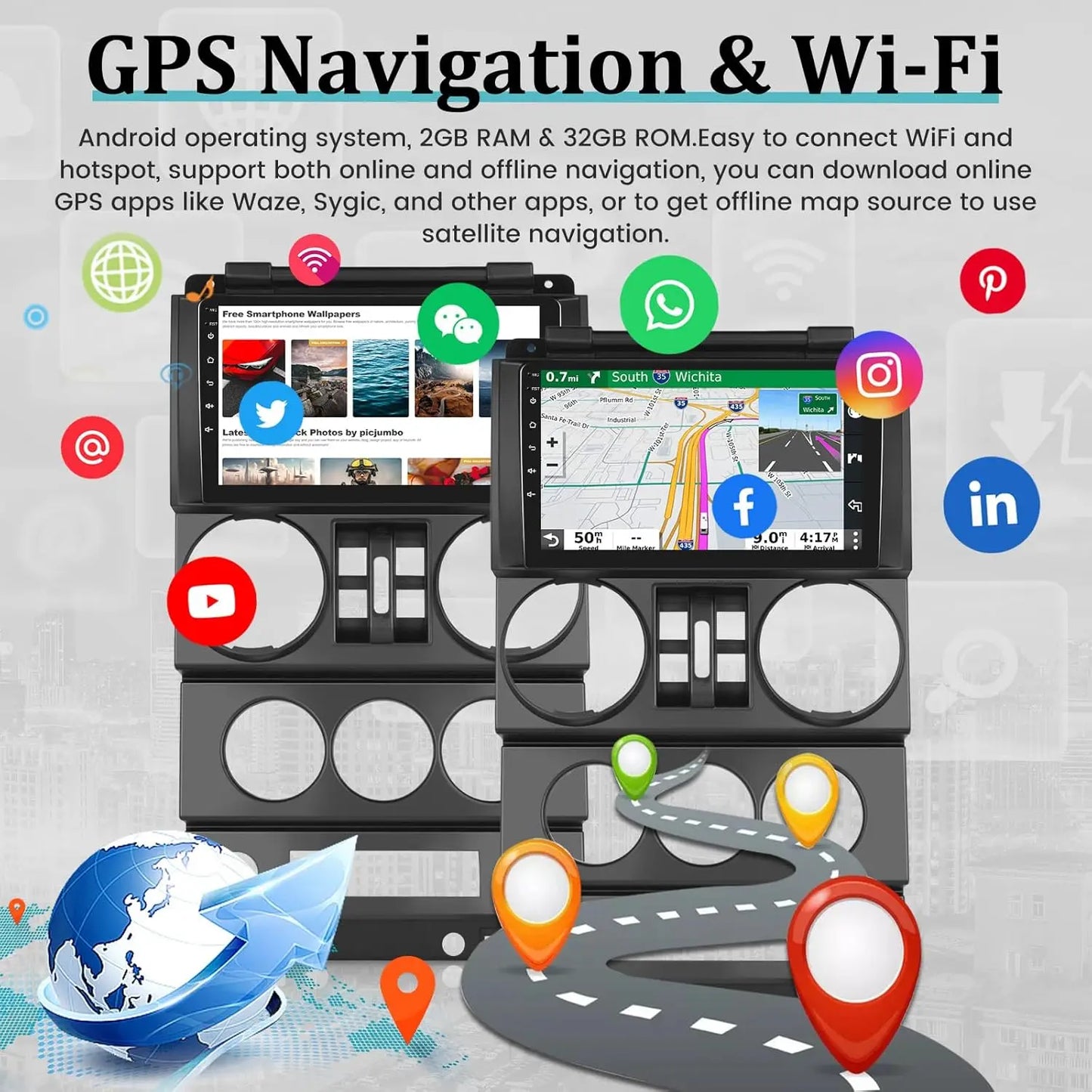 2+32G 9 Inch Touchscreen for Jeep Wrangler (4 Doors) 2007 2008 2009 2010 with Wireless Apple Carplay and Android Auto
