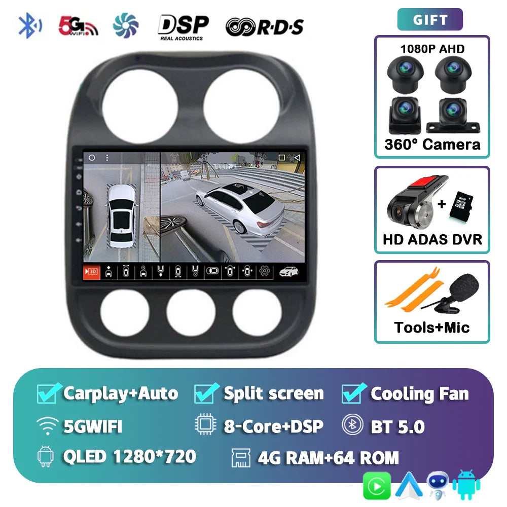 Android 14 For Jeep Compass Patriot 2010- 2016 2K QLED Android Car Radio Multimedia Video Player GPS AI Voice CarPlay Head Unit