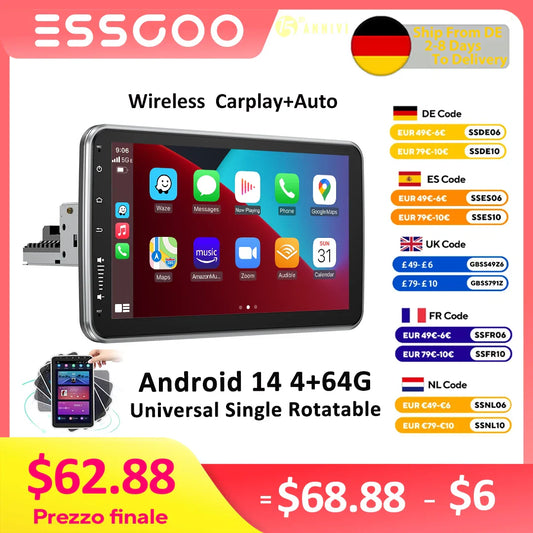 ESSGOO Android 14 10.1 Inch Universal Single Rotatable Car Radio Auto Carplay Multimedia Player GPS Navi Automotive Stereo