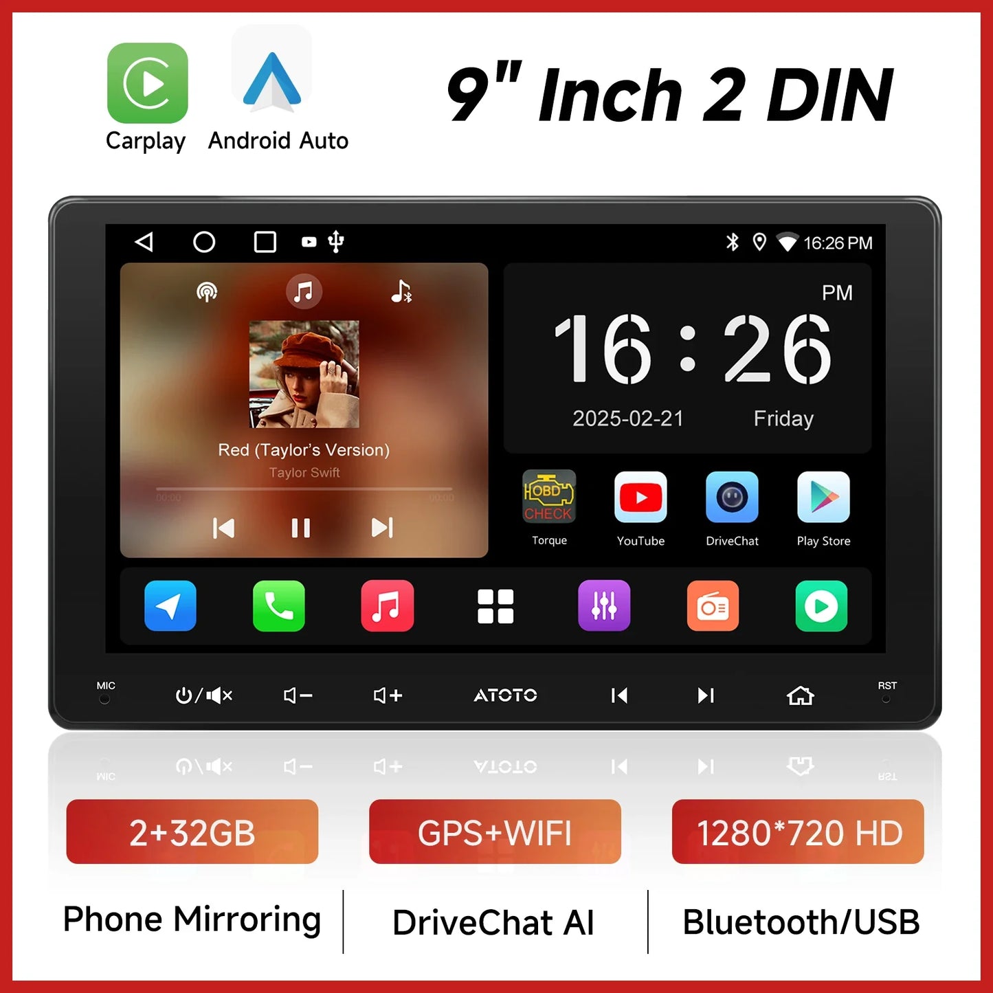 ATOTOZONE 7/9/10 Inch Android Car Stereo Double Din 1280x720IPS Touchscreen FM GPS WiFi Wireless CarPlay/Android Auto AHD Camera