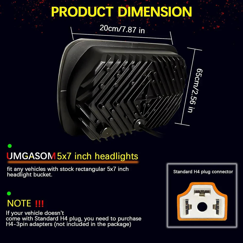 Car LED Headlight DRL Hi-Low Beam H4 Headlamp 5X7" 7x6 Inch Rectangle For Jeep Wrangler YJ Cherokee XJ Toyota Nissan GMC Ford