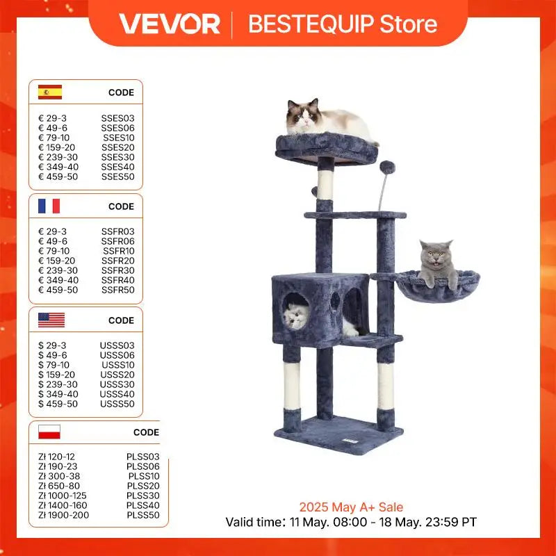 VEVOR Cat Tree for Indoor Cats 45.2" Cat Tower with Cat Condo Sisal Scratching Post HammockTop Perch Jumping Platforms Dark Grey