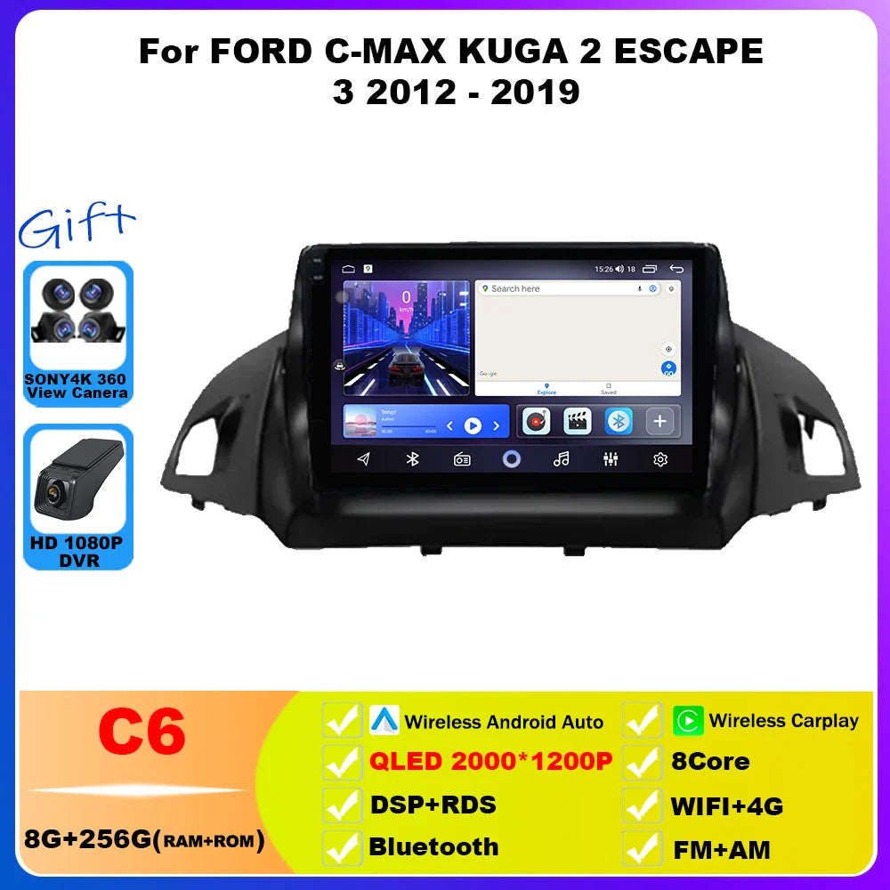 Android 14 For FORD C-MAX KUGA 2 ESCAPE 3 2012 - 2019 Car Radio Multimedia Video Player Navigation GPS WIFI 4G Stereo Head Unit