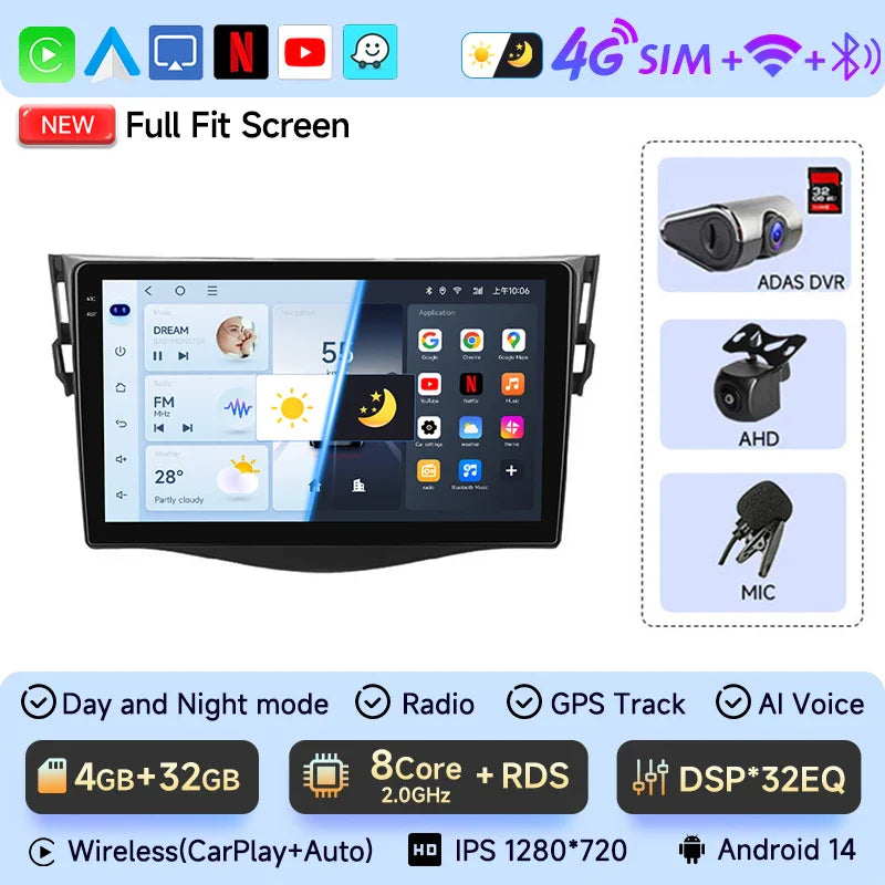 JIUYIN Car Radio For Toyota RAV4 Rav 4 2005-2013 Android 14 Multimedia Player 2Din Carplay DSP Navigation GPS 4G WIFI stereo