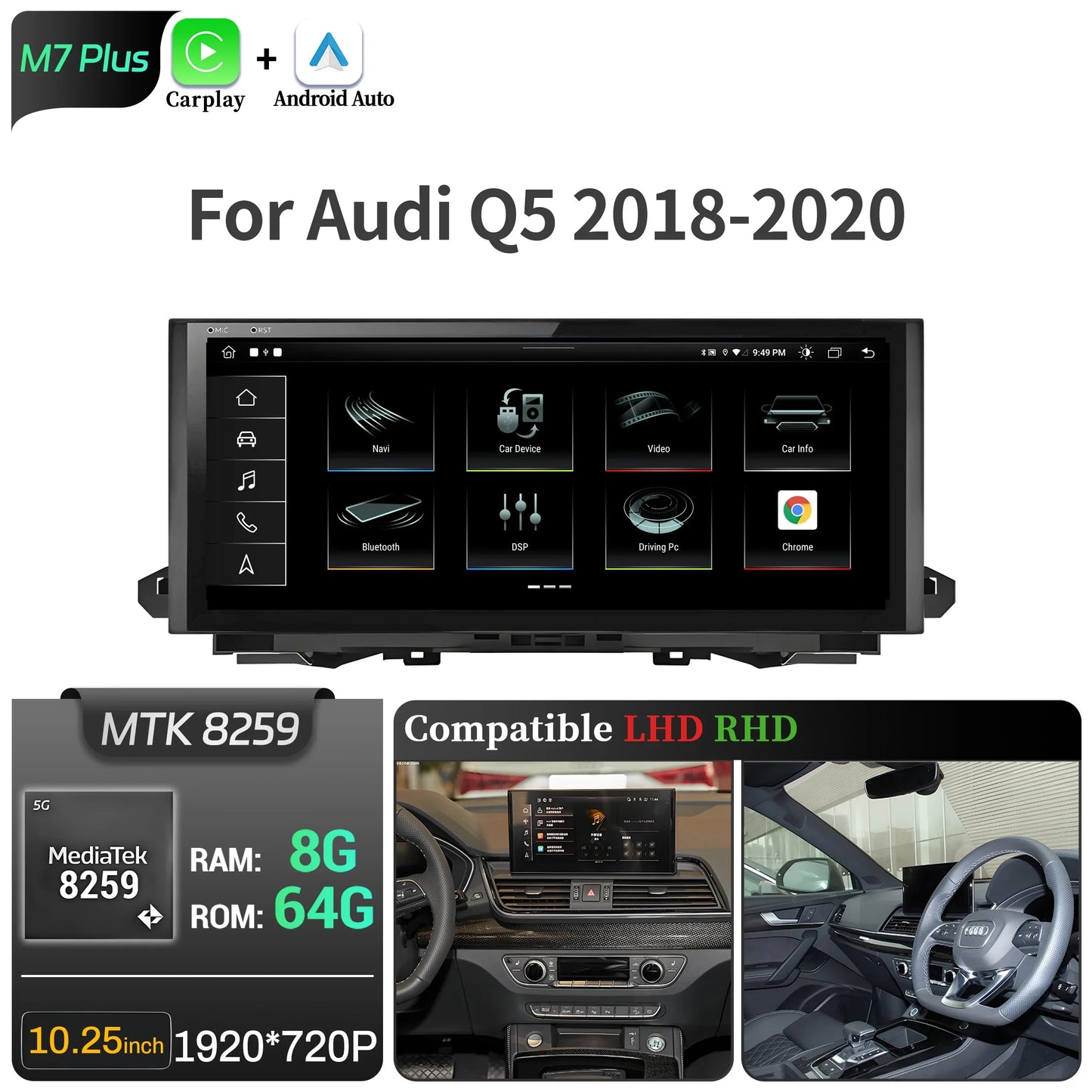 10.25 inch Android 14 For Audi Q5 2018-2020 Car Radio Wireless Bluetooth Carplay Qualcomm Snapdragon 680 Touch Head Unit Screen