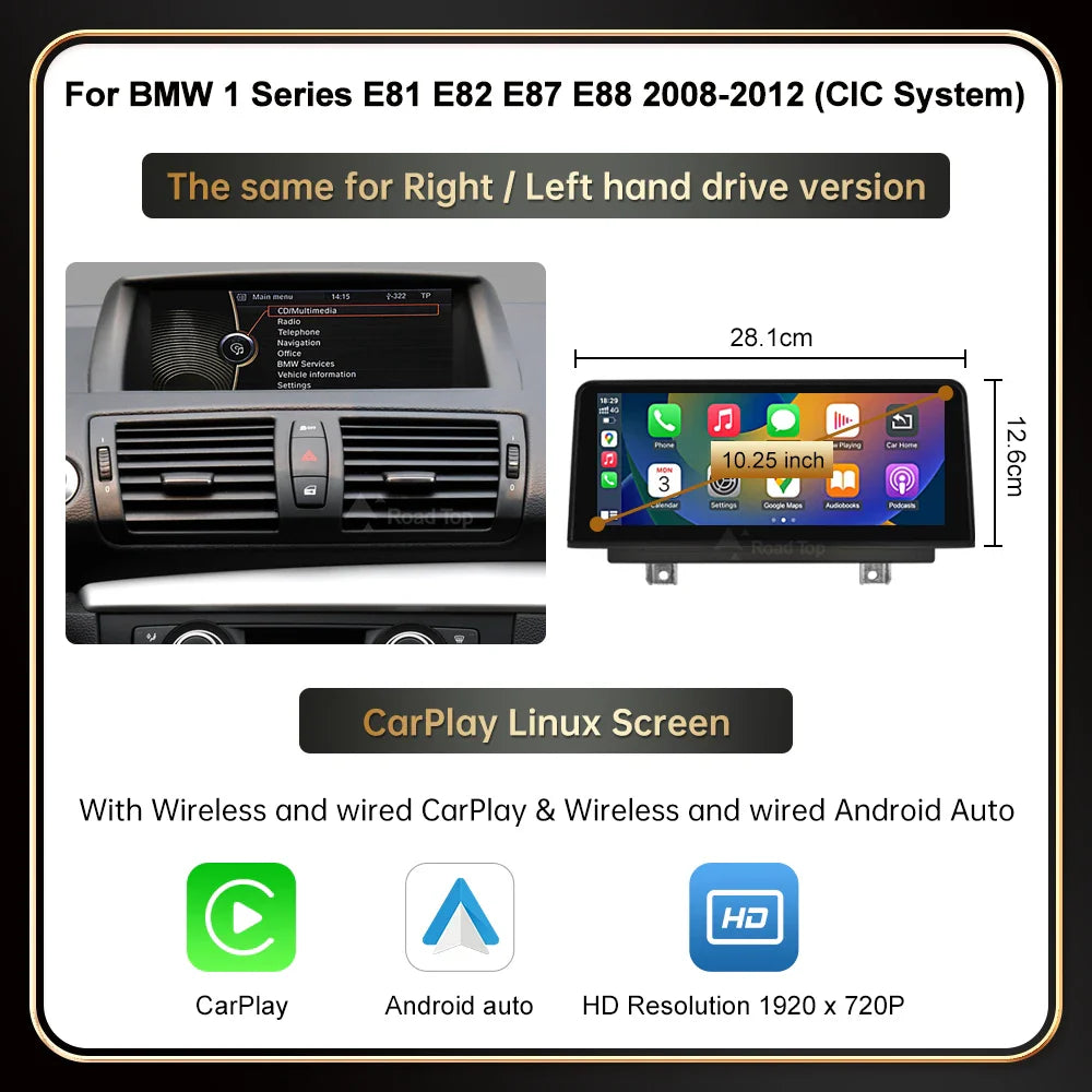 RoadTop Wireless CarPlay Android Auto For BMW Series 1 E81 E82 E87 E88 CCC CIC System Multimedia Display Screen