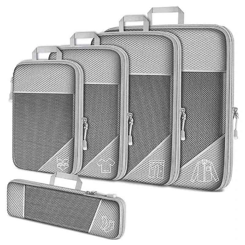 5 Pieces Travel Organizer Bag Set Clothes Compression Cubes For Plane Travel Essentials Storage Bags Suitcase Mesh Packing Cubes