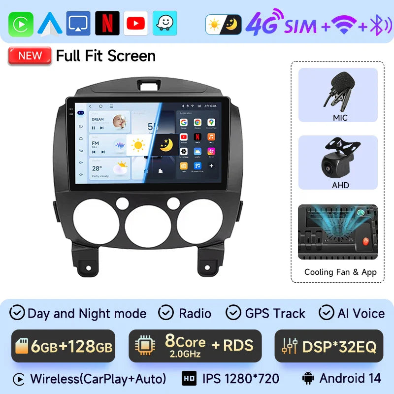 JIUYIN Android 13 Car stereo Radio Multimedia Video Player Navigation GPS For MAZDA 2 Mazda 2 2007 - 2014 Head Unit Carplay