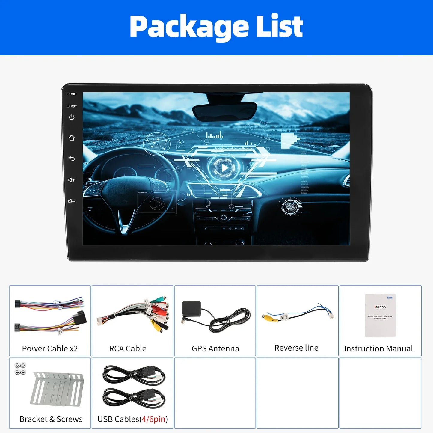 ESSGOO 9 Inch touchscreen 2 DIN Car stereo radio Android 14 Wireless Carplay Android auto play GPS Navi WiFi FM RDS SWC BT USB