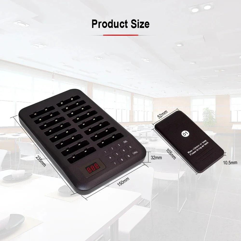 Improve service efficiency with this wireless guest paging system. Includes 16 coaster buzzers with vibration, beep, flash, and LED display, plus 1 keypad transmitter.