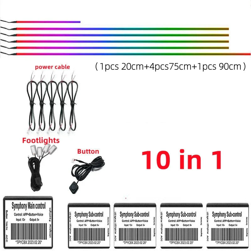 18 In 1 Full Color Streamer Car Ambient Lights RGB 64 Color Universal LED Interior Hidden Acrylic Strip Symphony Atmosphere Lamp