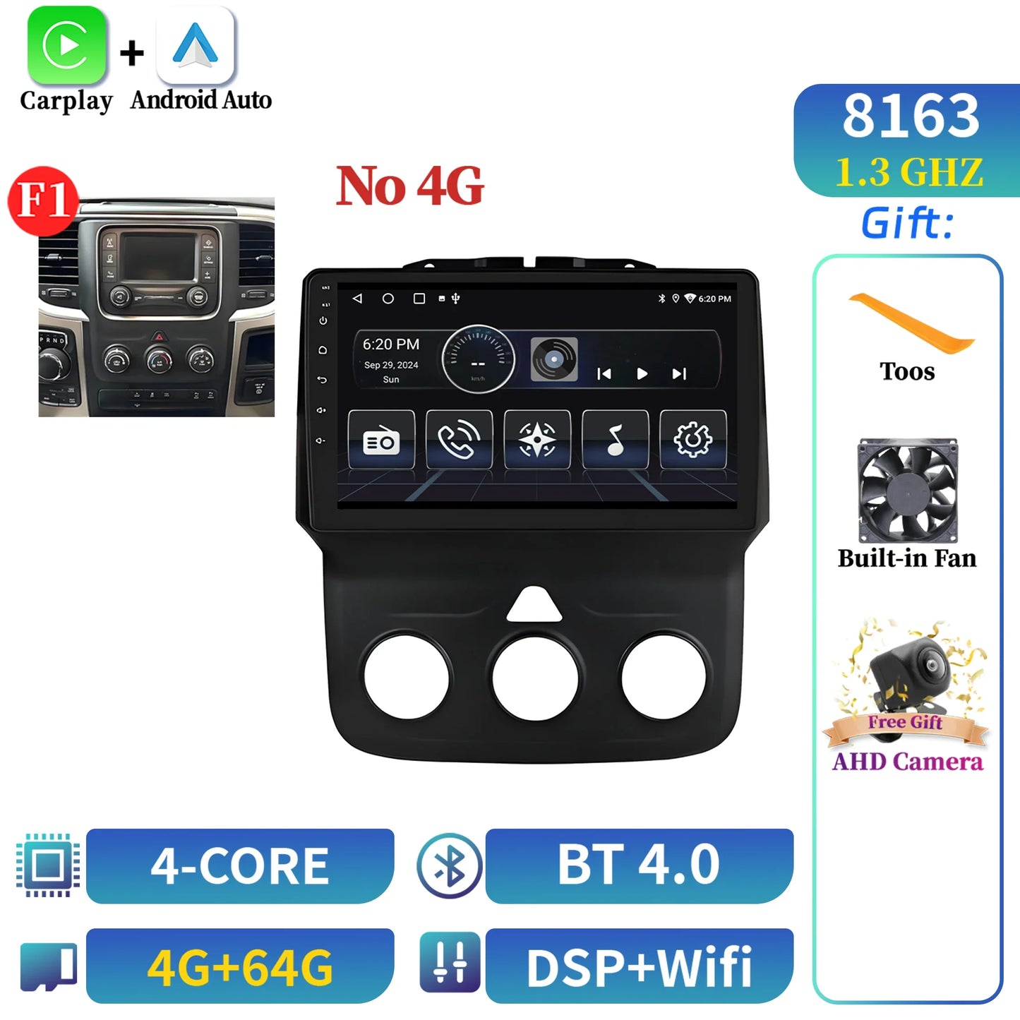 For Dodge RAM 1500 2500 2013-2019 Android 14 Multimedia Navigation Stereo Car Radio Wireless Carplay 2K QLED Head Unit Screen