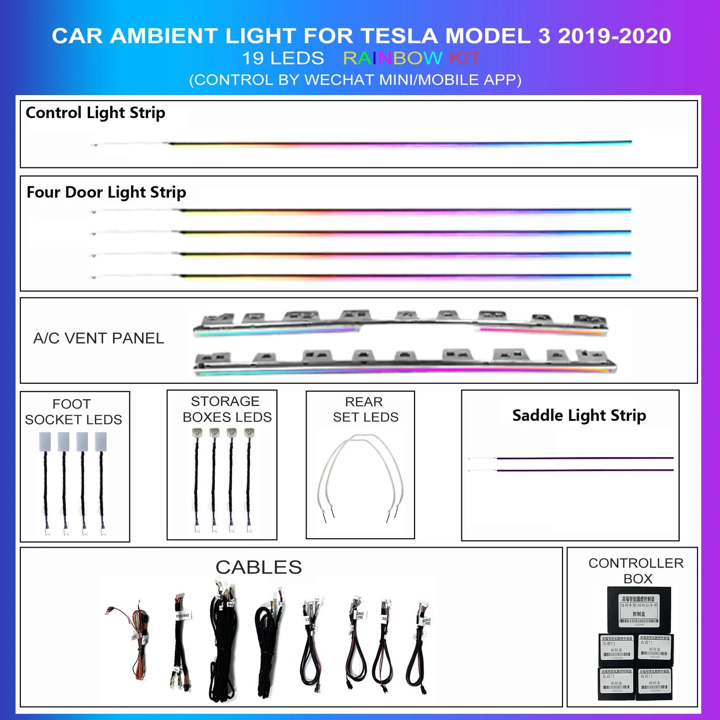 19 in 1 Car Interior Symphony Ambient Light Kit For Tesla Model 3 2019-2020 Acrylic Guide Fiber Strip Decoration Atmosphere Lamp