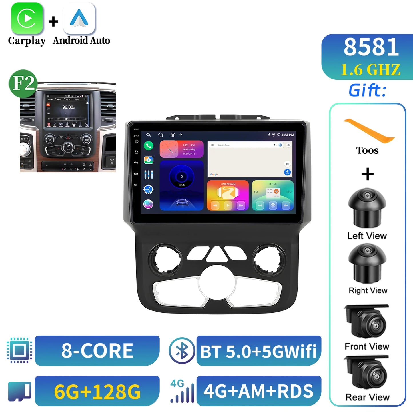 For Dodge RAM 1500 2500 2013-2019 Android 14 Multimedia Navigation Stereo Car Radio Wireless Carplay 2K QLED Head Unit Screen