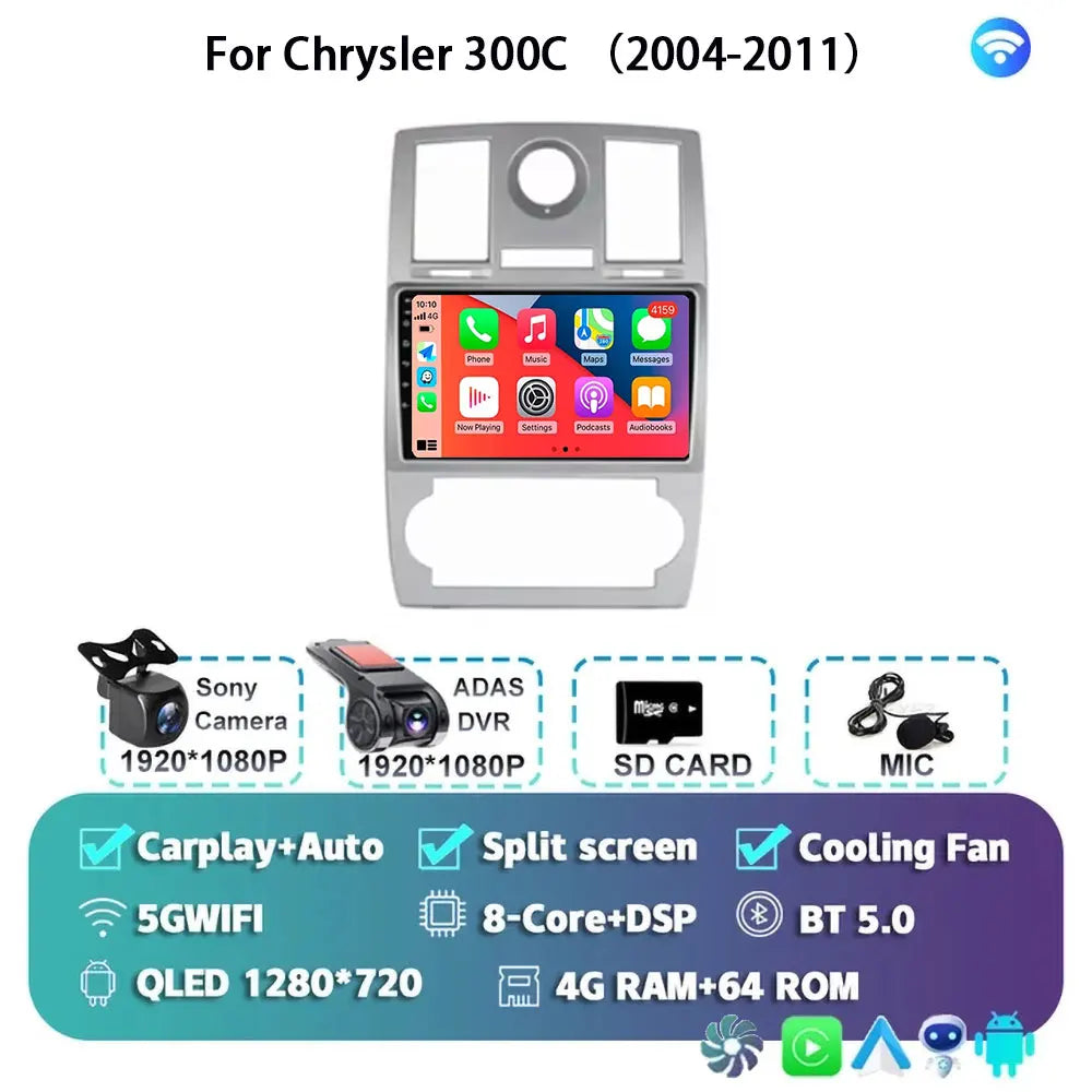 Android 15 For Chrysler 300C 2004-2011 Auto Carplay Car Radio Navigation GPS Video Multimedia Player 360 Camera 4G WIFI DSP