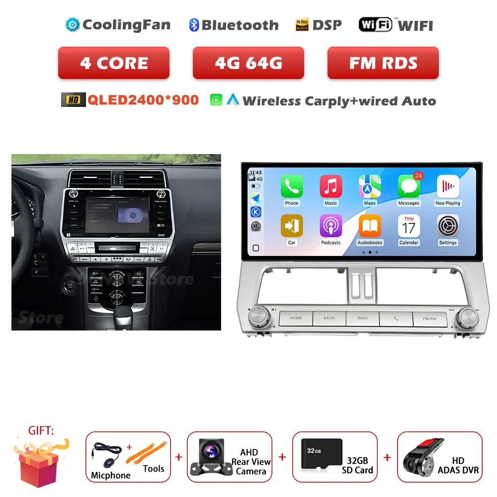 12.3" Android 14 Auto Car Radio Multimedia Player For Toyota Land Cruiser Prado 150 2018-2023 Navigation GPS Carplay Head Unit