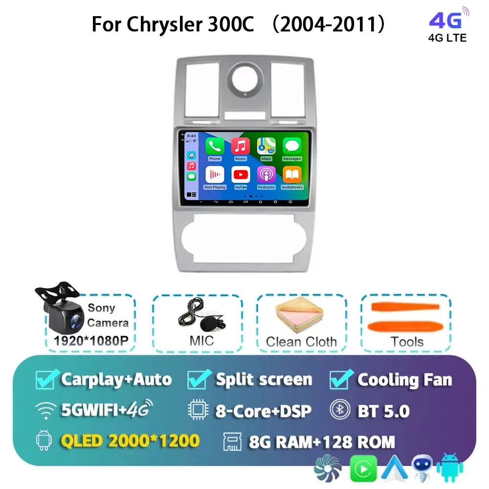 Android 15 For Chrysler 300C 2004-2011 Auto Carplay Car Radio Navigation GPS Video Multimedia Player 360 Camera 4G WIFI DSP