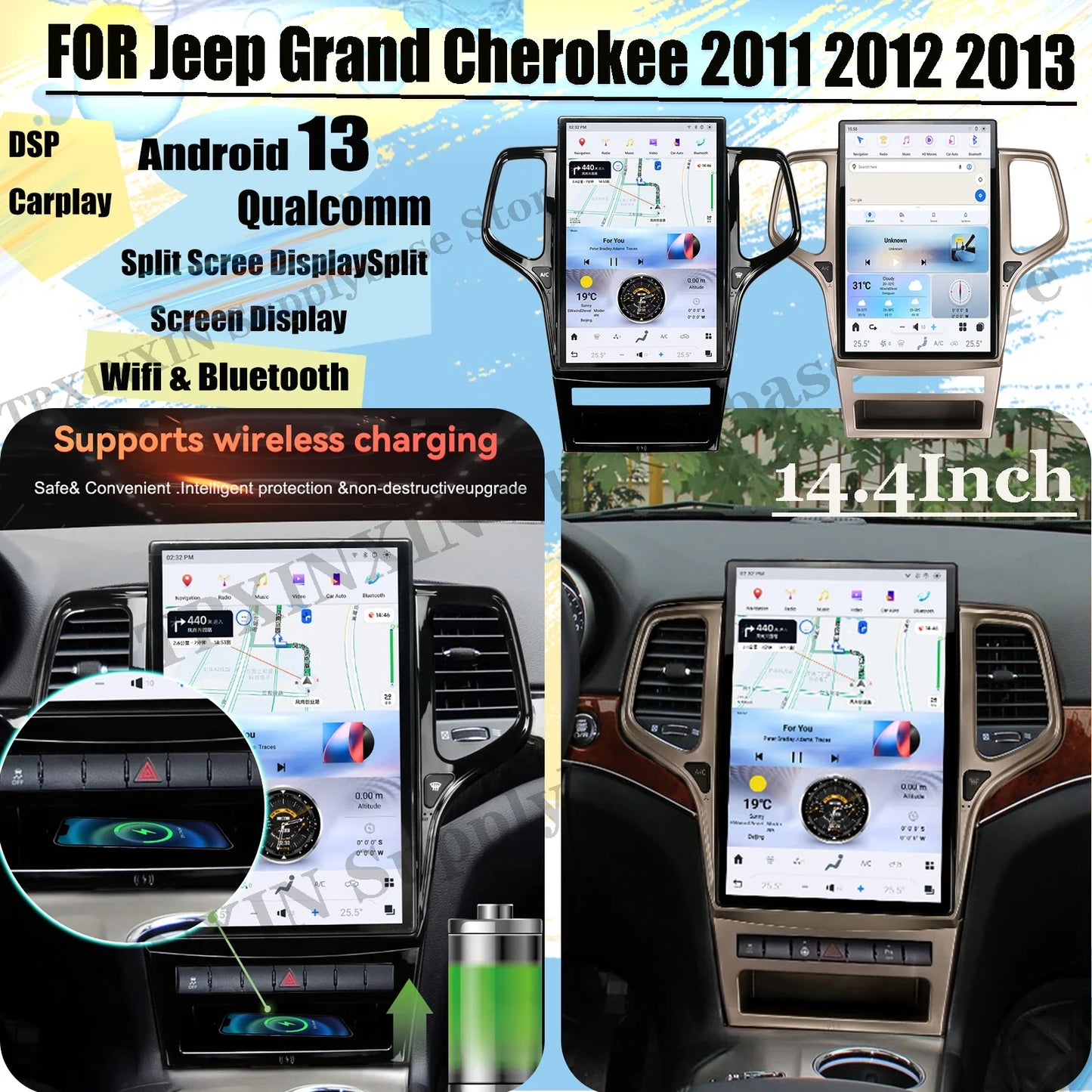 14.4 Inch Screen Qualcomm Android Auto CD Player Head Unit For Jeep Grand Cherokee 2011 2012 2013 GPS Navigation Radio Receiver
