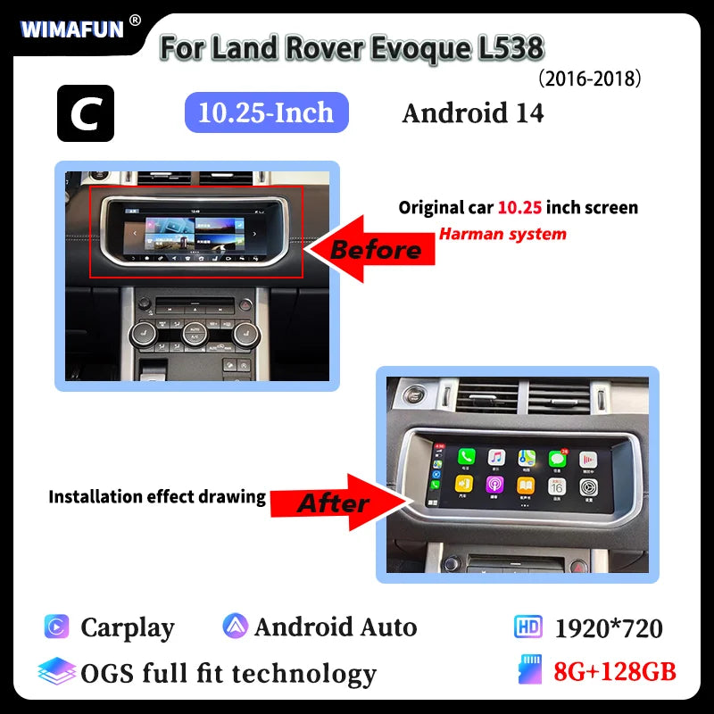 10.25" For Range Rover Evoque L538 2012-2018 Car Radio Navigation Multimedia Screen Bluetooth Player Android 14 Carplay Auto