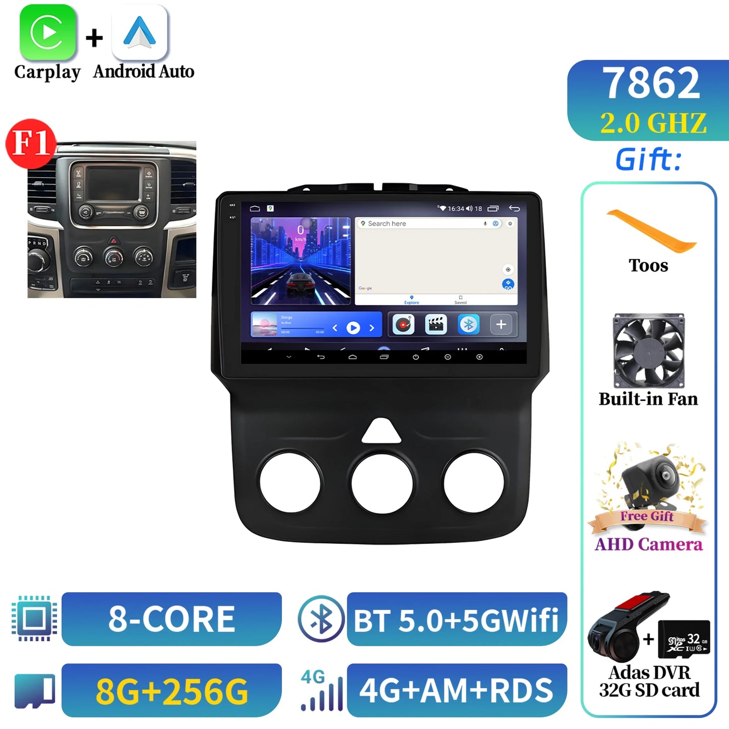 For Dodge RAM 1500 2500 2013-2019 Android 14 Multimedia Navigation Stereo Car Radio Wireless Carplay 2K QLED Head Unit Screen