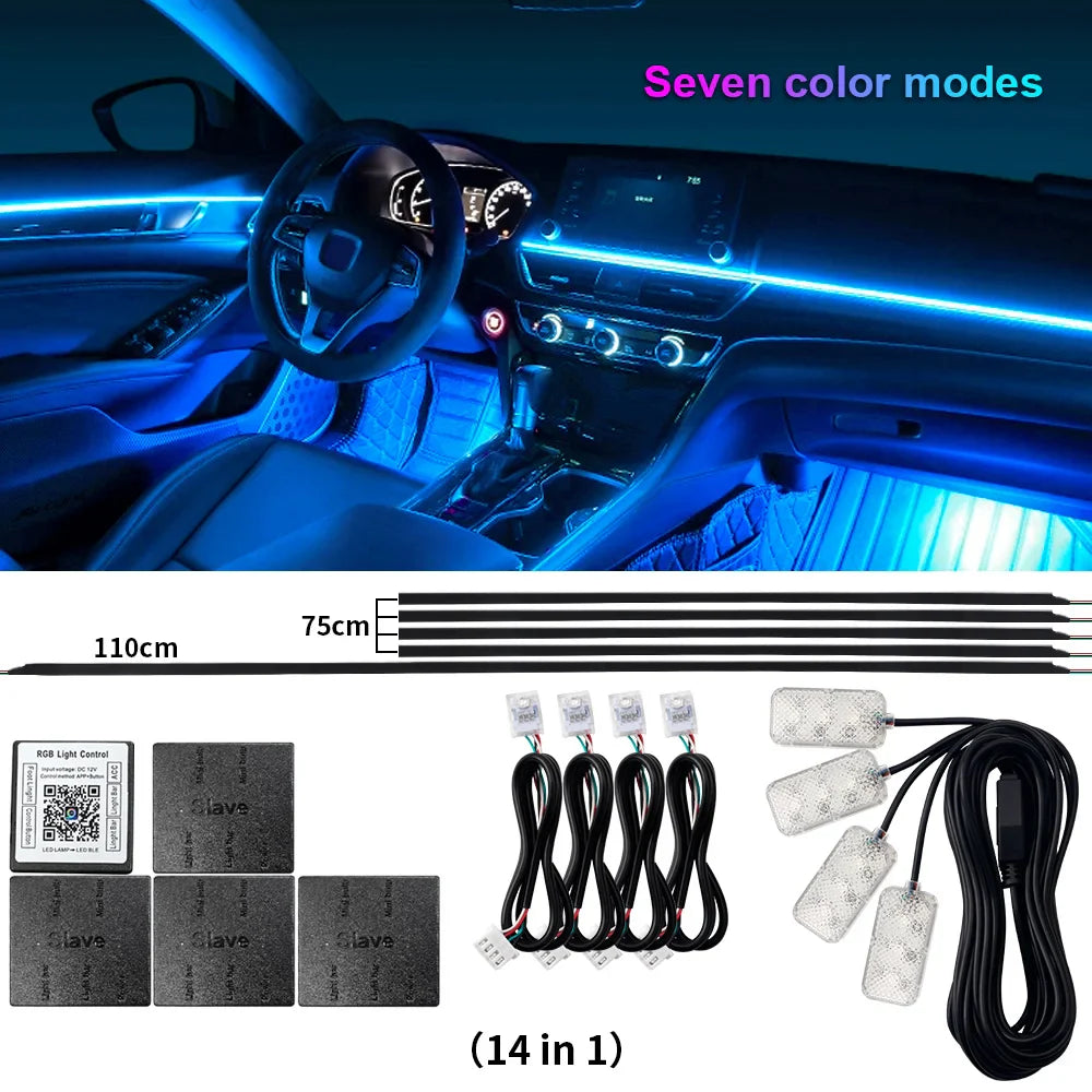 10/14/18 in 1 Led Car Ambient Lights RGB 64 Color Acrylic Fiber Optic Strip Bluetooth App Control Atmosphere Decorative Lamp 12v