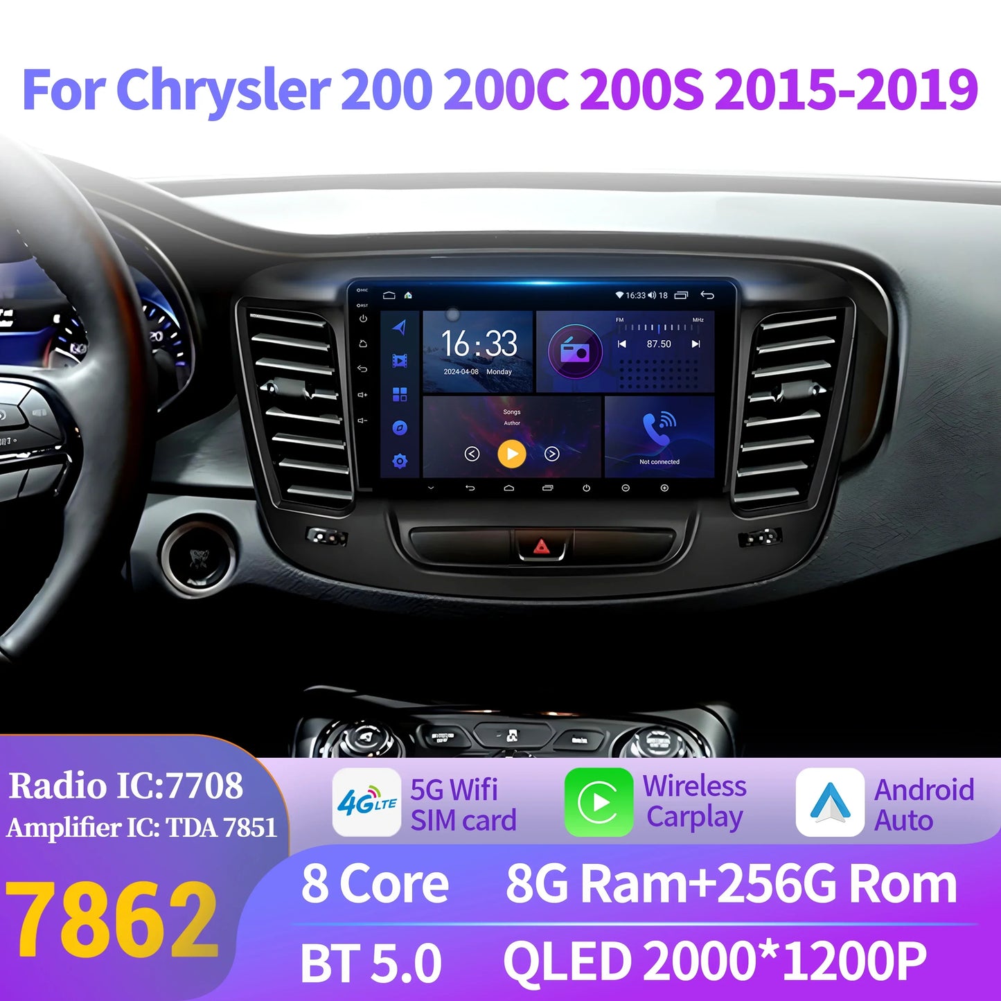 For Chrysler 200 200C 200S 2015-2019 Android 14 Car Radio Stereo Multimedia Navigation Carplay WIFI 4G 5G BT 2K QLED Screen