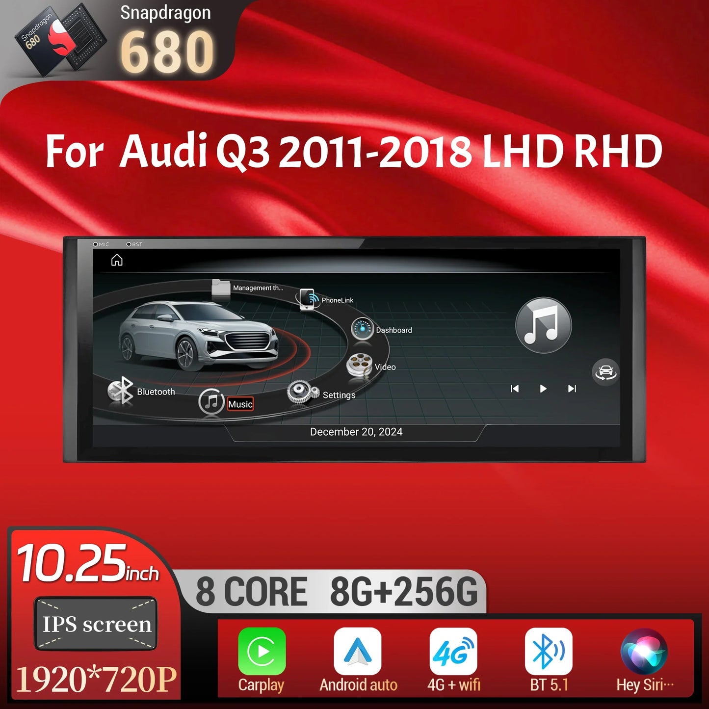 10.25 inch Android 14 For Audi Q3 2011-2018 Car Radio Wireless Bluetooth Carplay Qualcomm Snapdragon 680 Head Unit Touch Screen