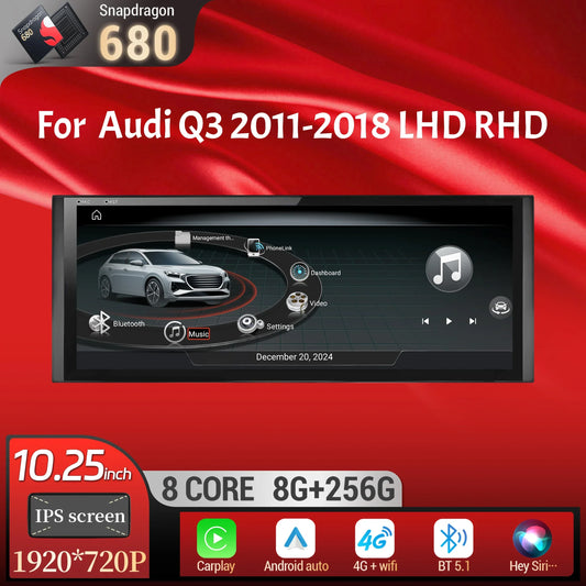 10.25 inch Android 14 For Audi Q3 2011-2018 Car Radio Wireless Bluetooth Carplay Qualcomm Snapdragon 680 Head Unit Touch Screen