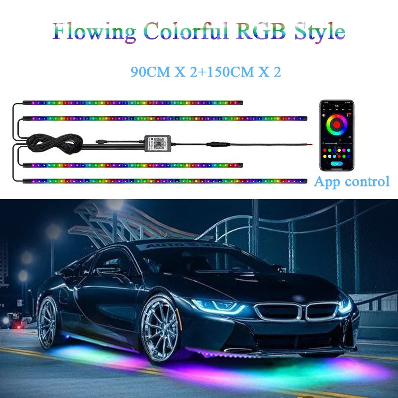 Car Flexible Strip Light Led Flow Light Colorful Chassis Ambient Light Car Underglow Atmosphere Lamp Waterproof RGB App Control