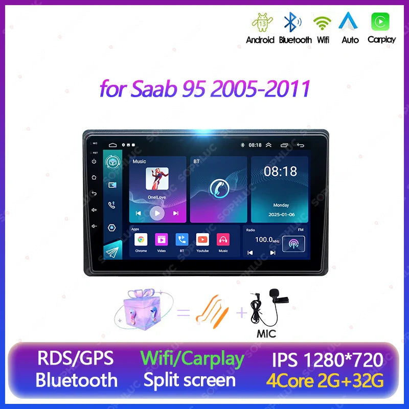 Sophluc 9 inch Android 13 Wireless Carplay for Saab 95 2005-2011 Special Stereo Radio GPS Navi MP5 BT DSP EQ Multimedia Player