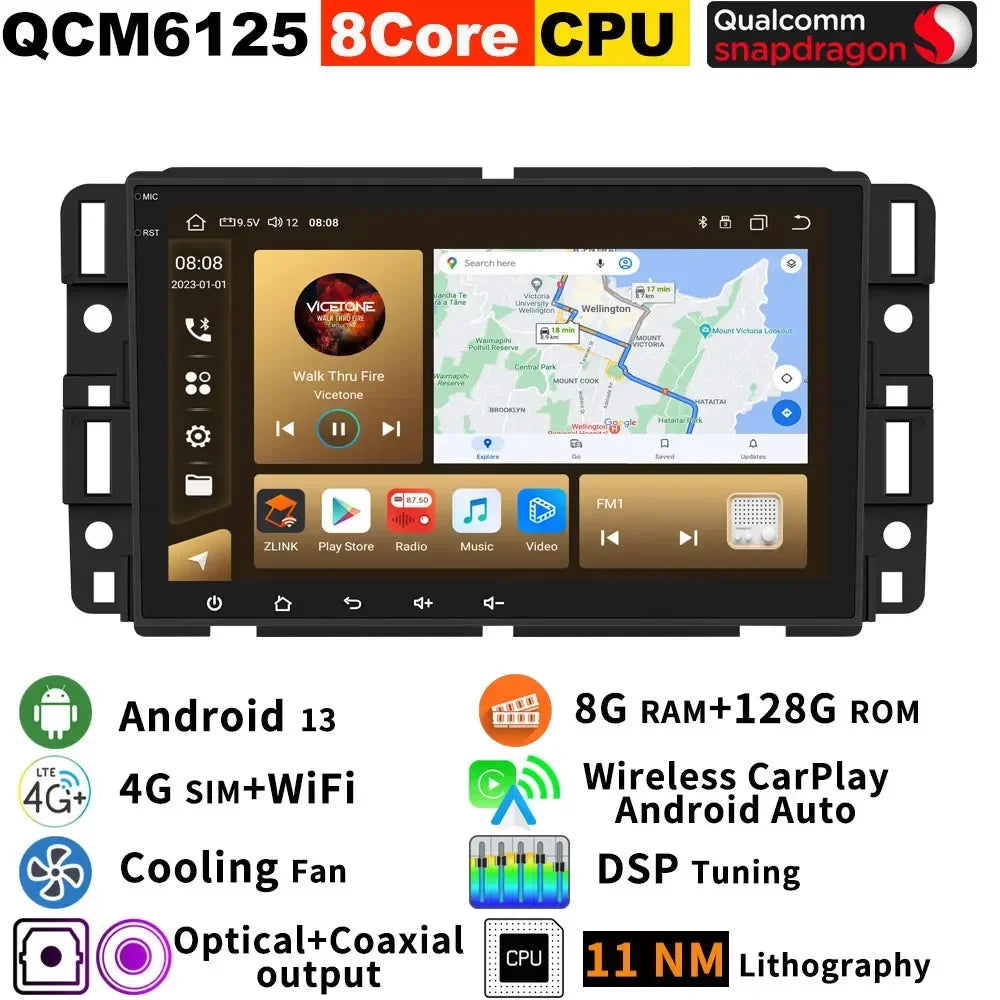 Android 13 Qualcomm 665 8G+256G Car GPS Radio For GMC Sierra Yukon Chevrolet Avalanche Silverado Buick Enclave CarPlay Audio DSP