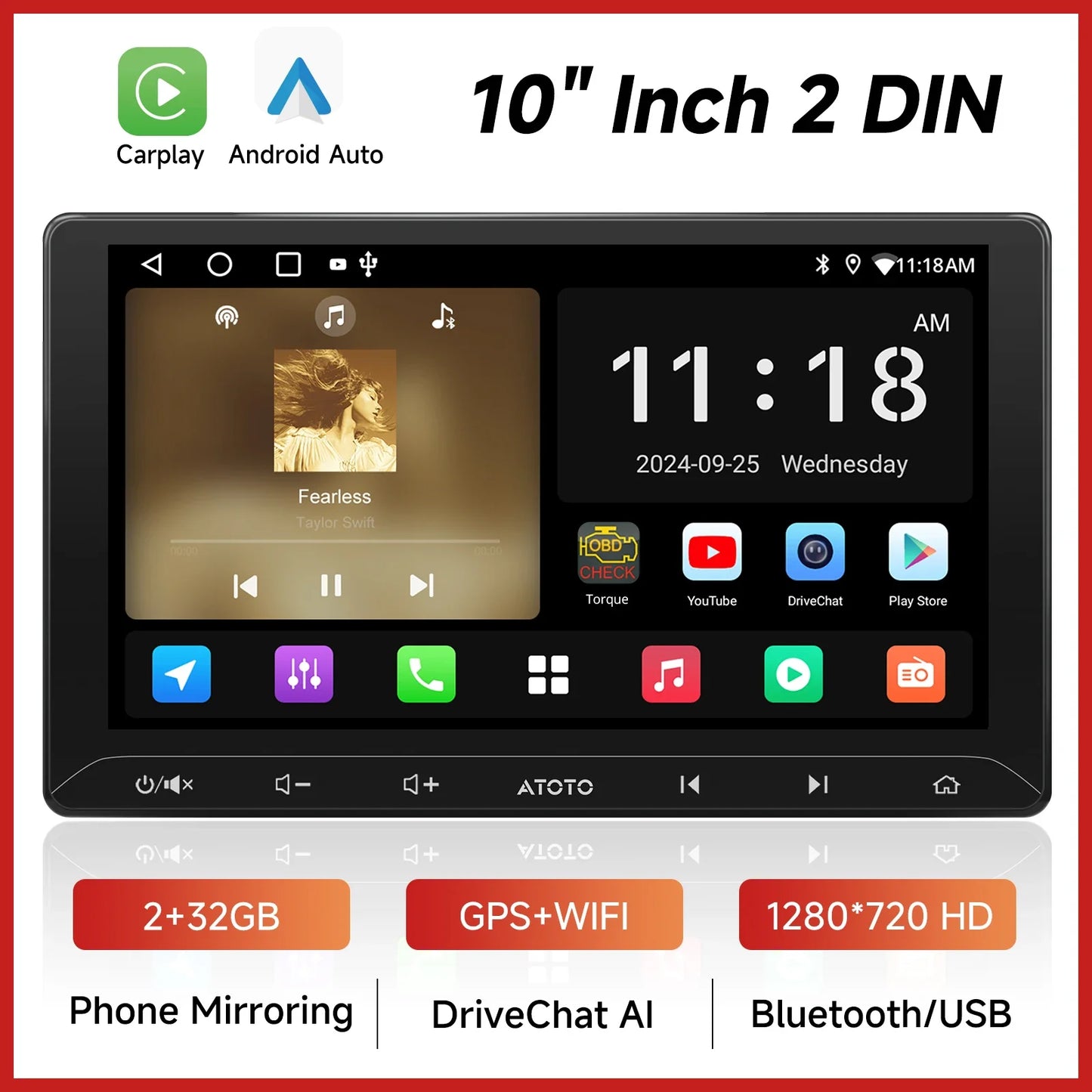 ATOTOZONE 7/9/10 Inch Android Car Stereo Double Din 1280x720IPS Touchscreen FM GPS WiFi Wireless CarPlay/Android Auto AHD Camera