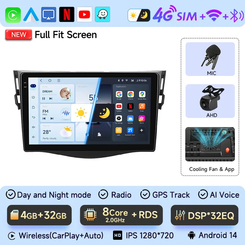JIUYIN Car Radio For Toyota RAV4 Rav 4 2005-2013 Android 14 Multimedia Player 2Din Carplay DSP Navigation GPS 4G WIFI stereo