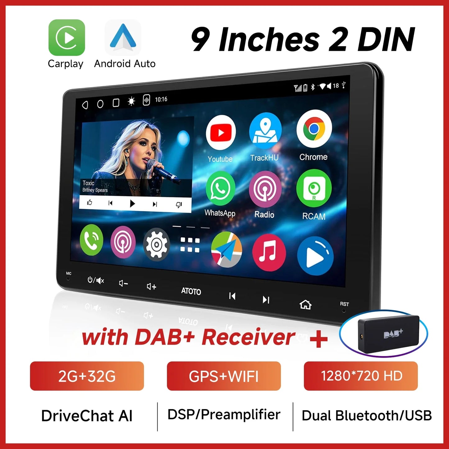ATOTOZONE 9 Inch Android Car Radio Stereo Multimedia GPS Navigation Bluetooth WiFi FM Support Wireless Android Auto Carplay