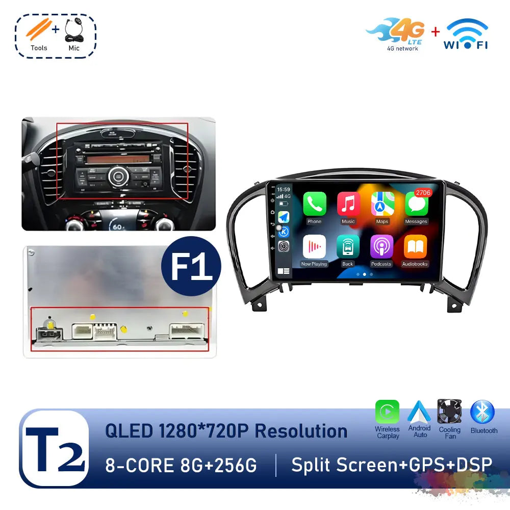 Carplay Android OS for Nissan Juke YF15 2010 - 2014 QLED Touch Screen 9 '' Car Radio Stereo Player GPS Navigation WiFi Head Unit