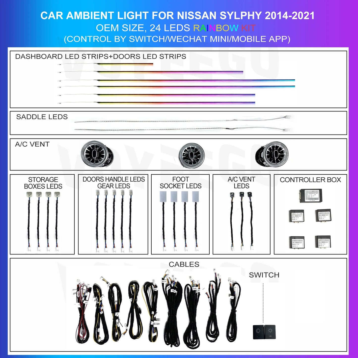 24 in 1 RGB Symphony Car Ambient Lighting for Nissan 2020-2023 14th Generation Sylphy LED Interior Decoration Car Accesssories