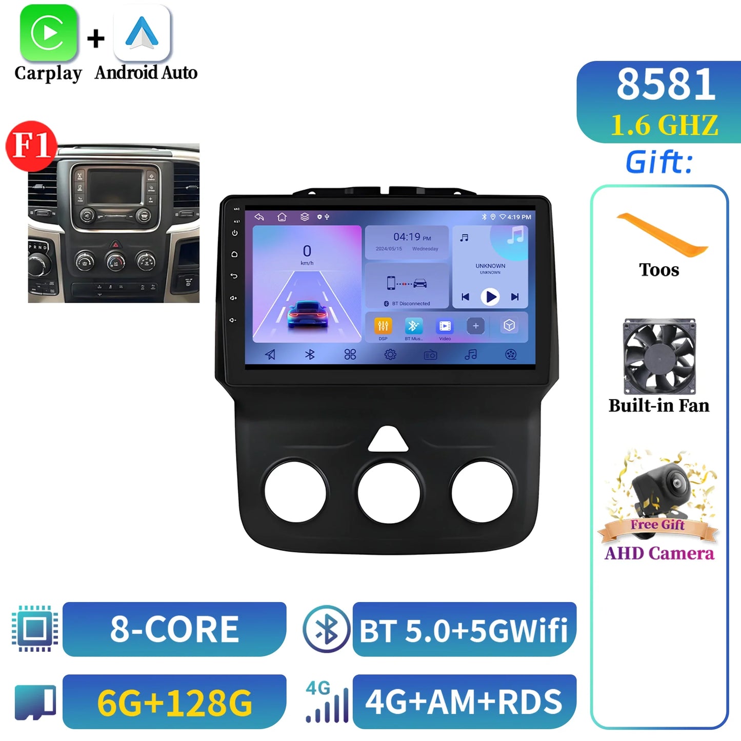 For Dodge RAM 1500 2500 2013-2019 Android 14 Multimedia Navigation Stereo Car Radio Wireless Carplay 2K QLED Head Unit Screen