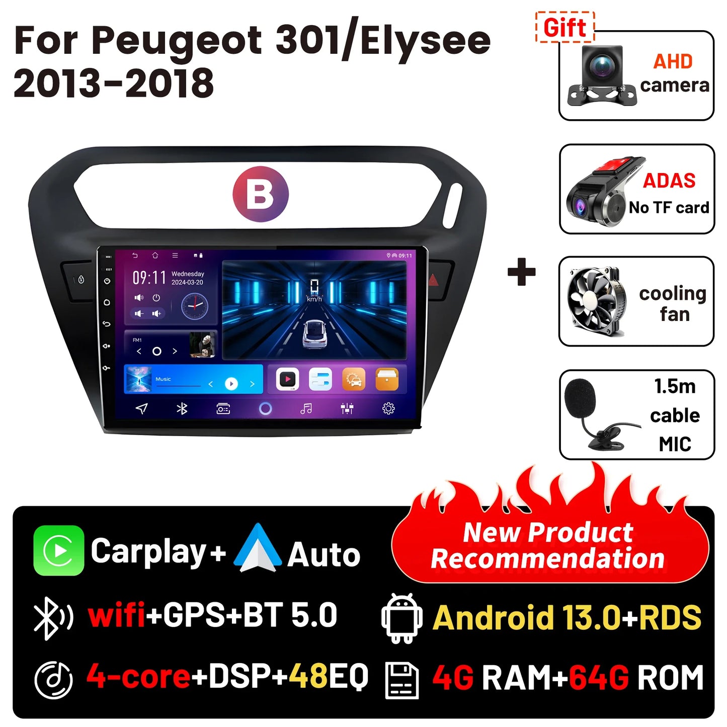 Wireless CarPlay Android Auto Car Bluetooth Radio For Peugeot 301 Citroen Elysee 2013-2018 2Din Android 14 DSP GPS FM Autoradio