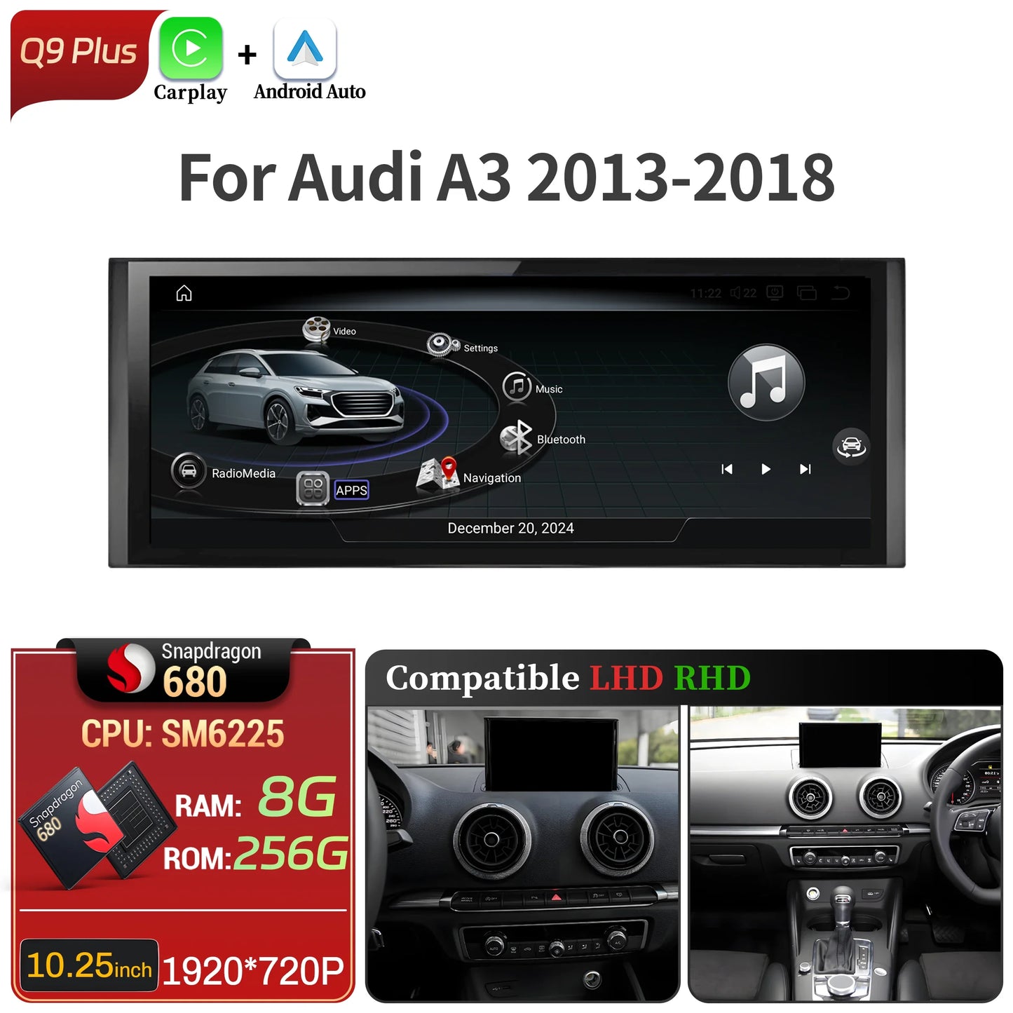 10.25 inch Android 14 For Audi A3 2013-2018 Car Radio Wireless Bluetooth Carplay Head Unit Qualcomm Snapdragon 680 Touch Screen