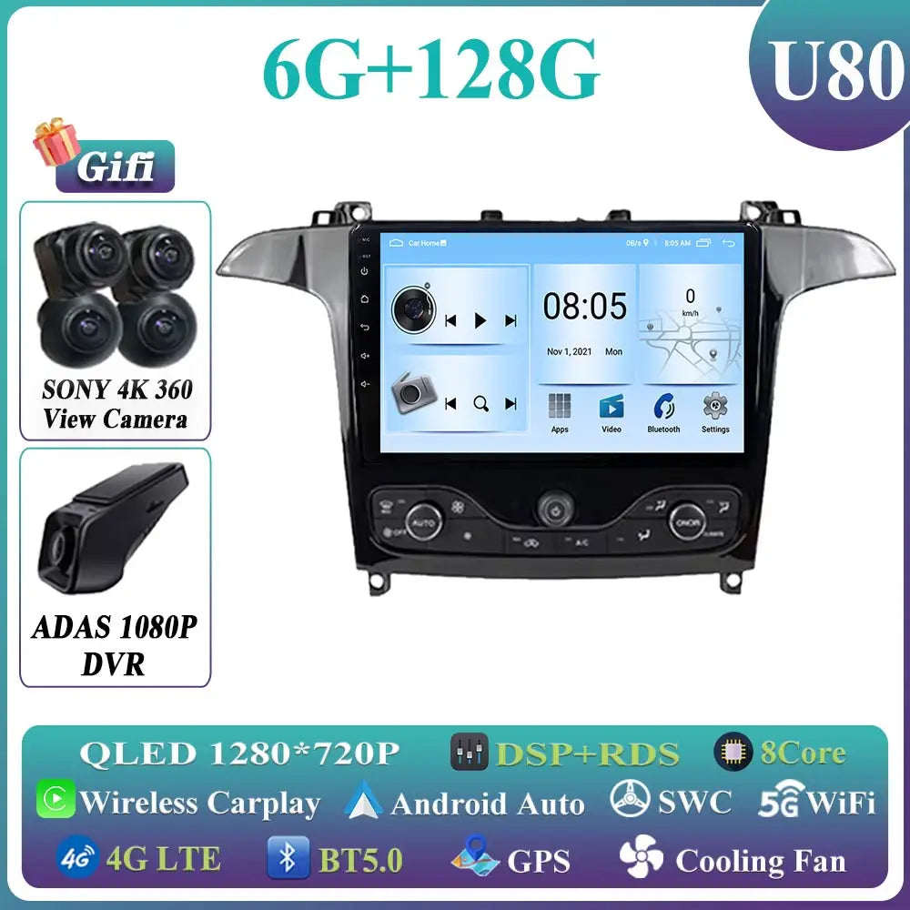 Android 14 Auto radio For Ford S Max S-MAX 2006-2015 For Ford Galaxy 2014 Carplay Multimedia Video player Navigation GPS No 2din