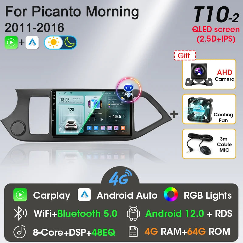 2 Din Android 12 Car Radio Carplay for KIA PICANTO Morning 2 2011 2012 2013 2014 2015 2016 Multimedia Player Navigation DVD Head