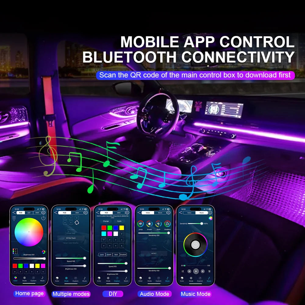 10/14/18 in 1 Led Car Ambient Lights RGB 64 Color Acrylic Fiber Optic Strip Bluetooth App Control Atmosphere Decorative Lamp 12v