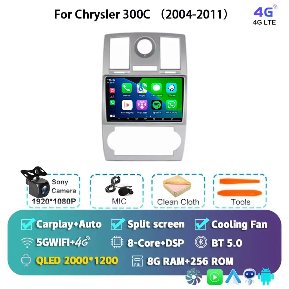 Android 15 For Chrysler 300C 2004-2011 Auto Carplay Car Radio Navigation GPS Video Multimedia Player 360 Camera 4G WIFI DSP