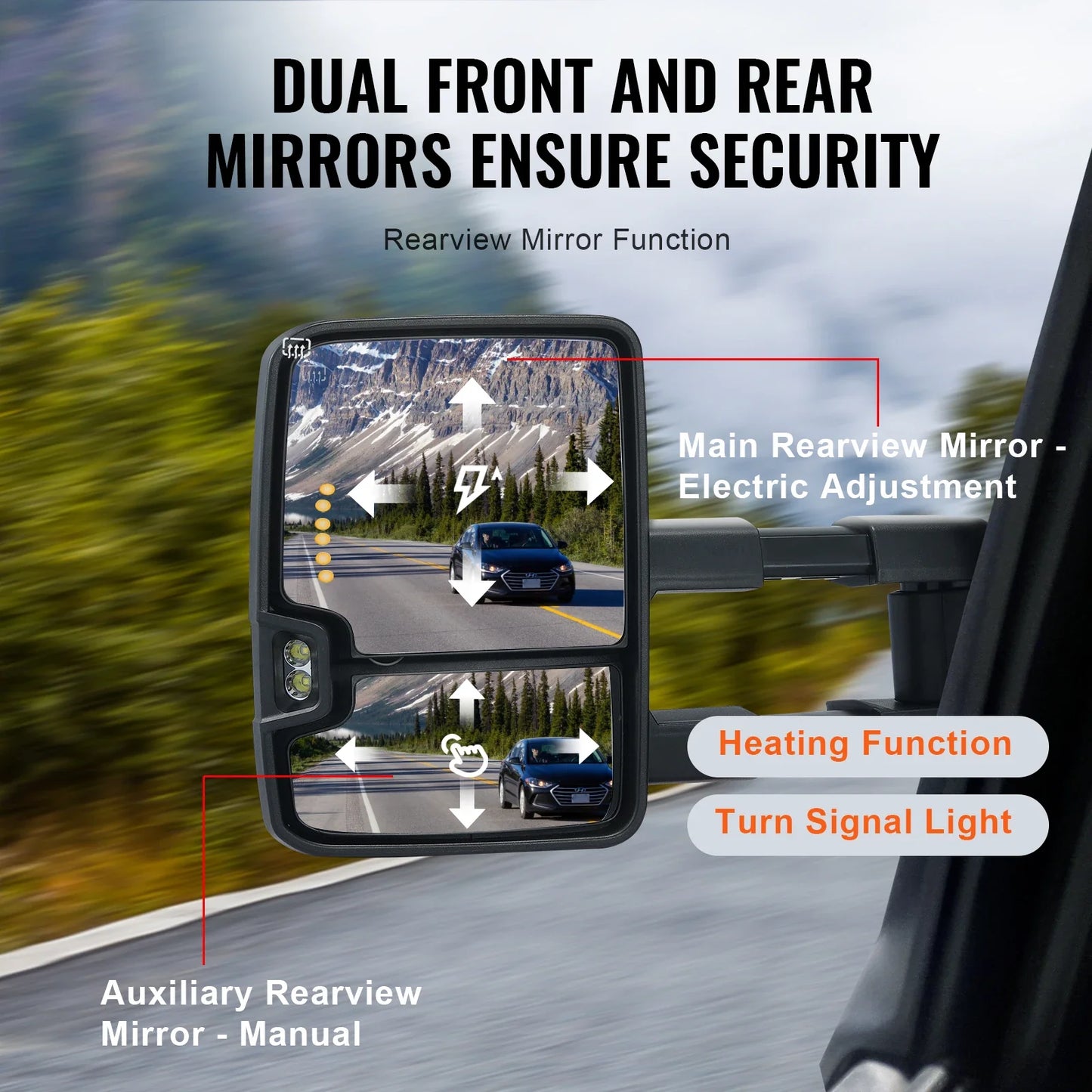 VEVOR Pair Towing Mirrors Power Heated with Signal LED Driving Light Tow Mirror for Chevrolet Silverado (2003-2021)/GMC/Cadillac