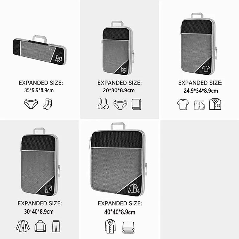 5 Pieces Travel Organizer Bag Set Clothes Compression Cubes For Plane Travel Essentials Storage Bags Suitcase Mesh Packing Cubes