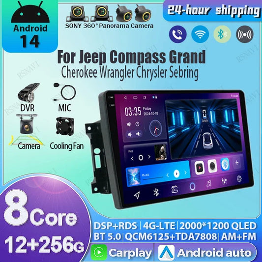Android 14 Car Radio For Jeep Compass Grand Cherokee Wrangler Chrysler Sebring Town Country Dodge Charger Multimedia Stereo 2din