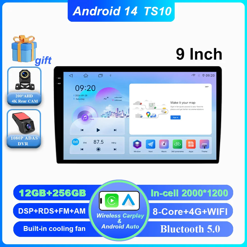 Android 14 CarPlay car radio Android Auto GPS multimedia player 2 DIN universal 9/10 inch Car stereo WiFi player QLED Screen BT